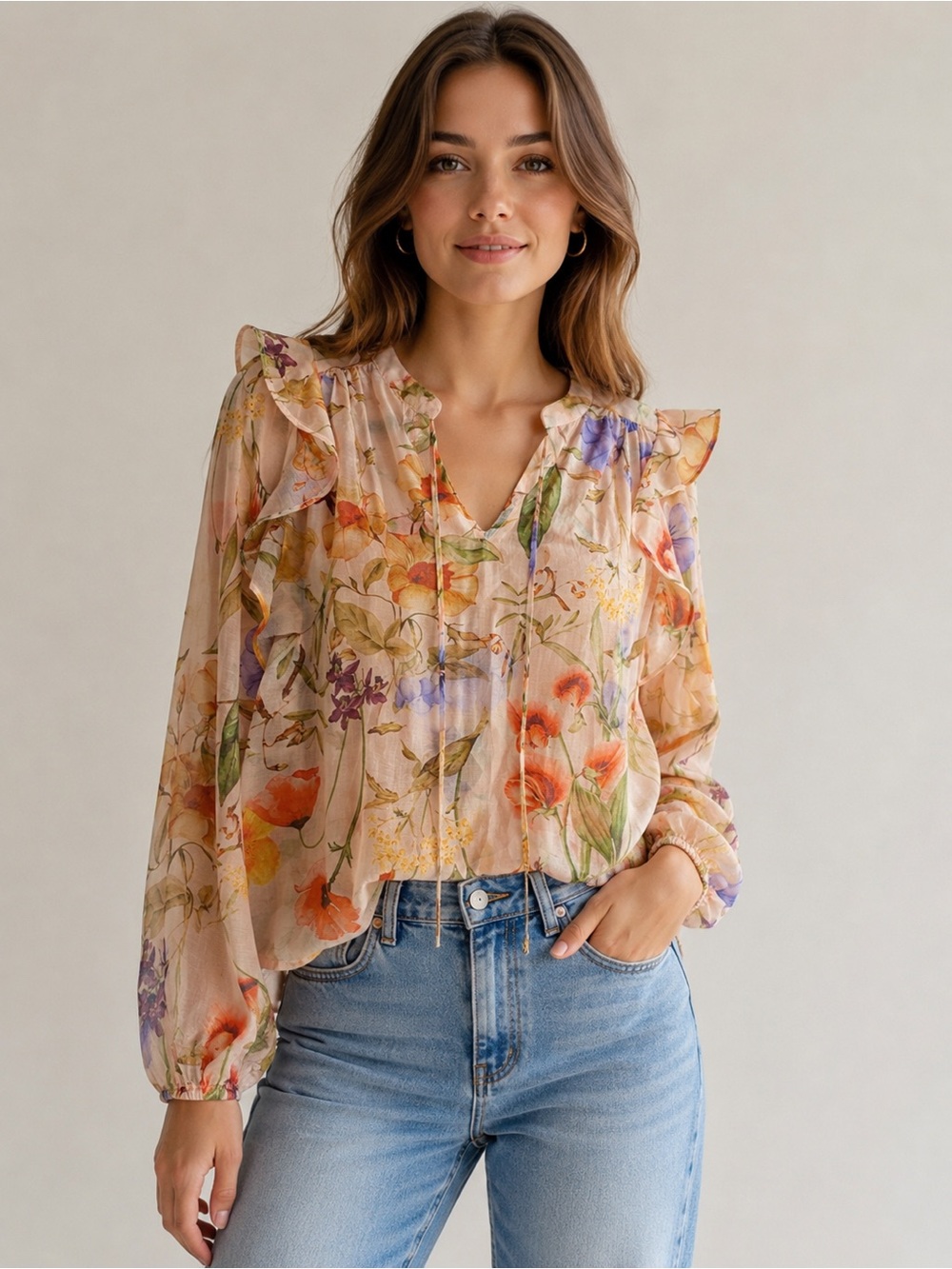bailey/44 floral ruffle blouse sheer lyocell blend size small
